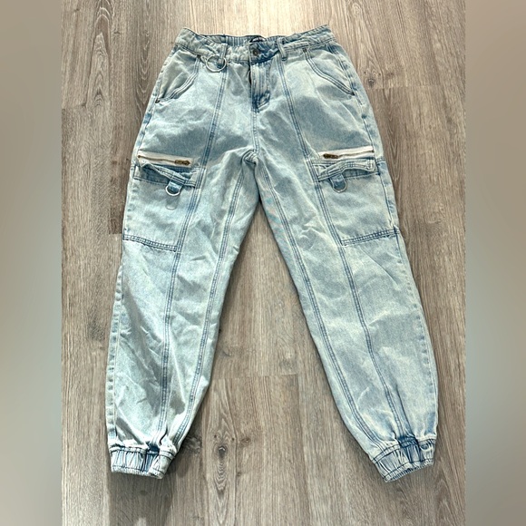 Hot Topic Joggers Womens Medium Blue Denim Y2K Pockets Chain 27x28 Ladies - Picture 1 of 9